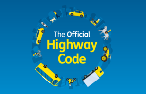 vehicals form a circle with text inside. Text reads The Official Highway Code