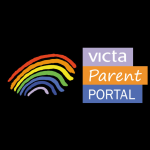 A logo feauring a rainbow and text to the right hand side that reads VICTA Parent Portal