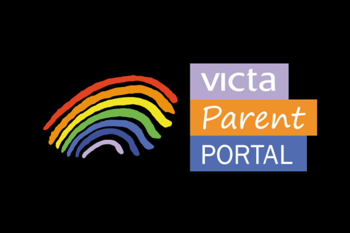 A logo feauring a rainbow and text to the right hand side that reads VICTA Parent Portal