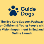 Graphic with the guide dogs logo at the top. Underneath the logo text reads The Eye Care Support Pathway for Children & Young People with a Vision Impairment in England: Online Launch